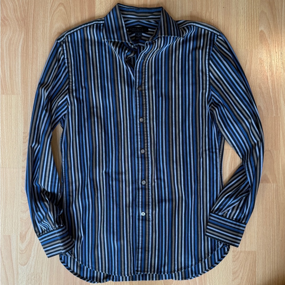 Express Men's Navy and White Striped Button Down Shirt